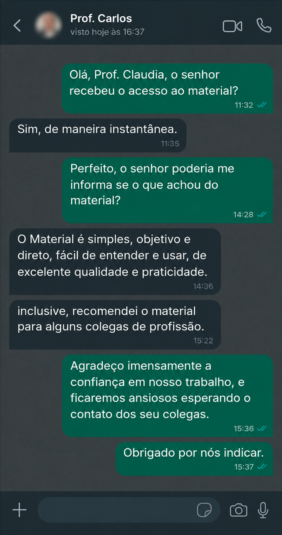 Depoimento do Prof. Carlos no WhatsApp