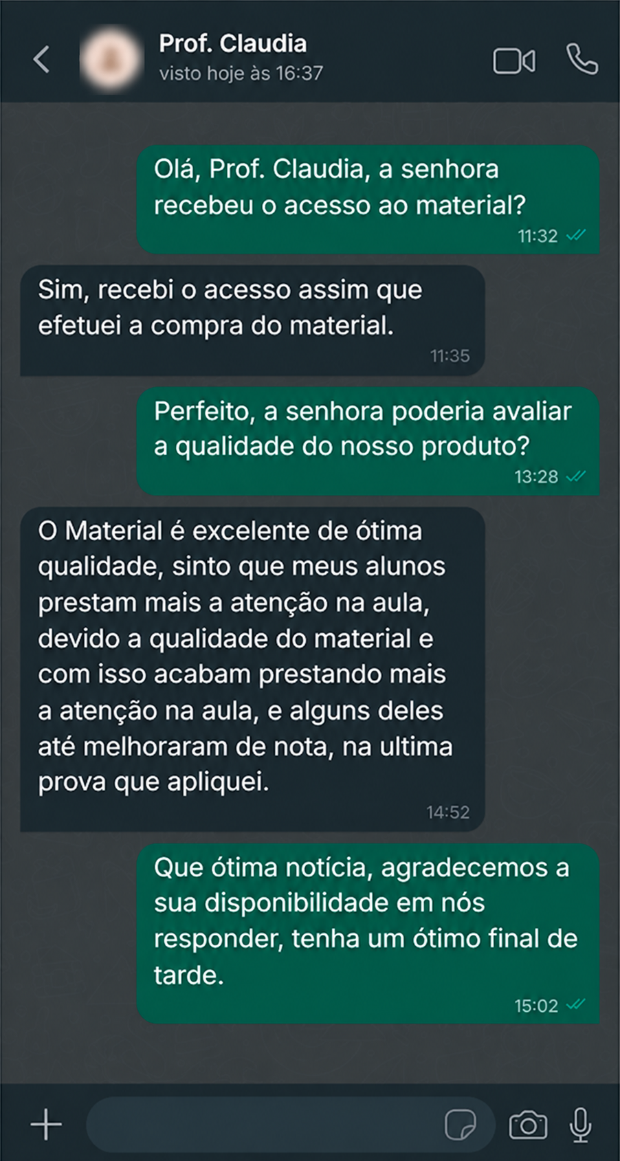 Depoimento da Prof. Claudia no WhatsApp